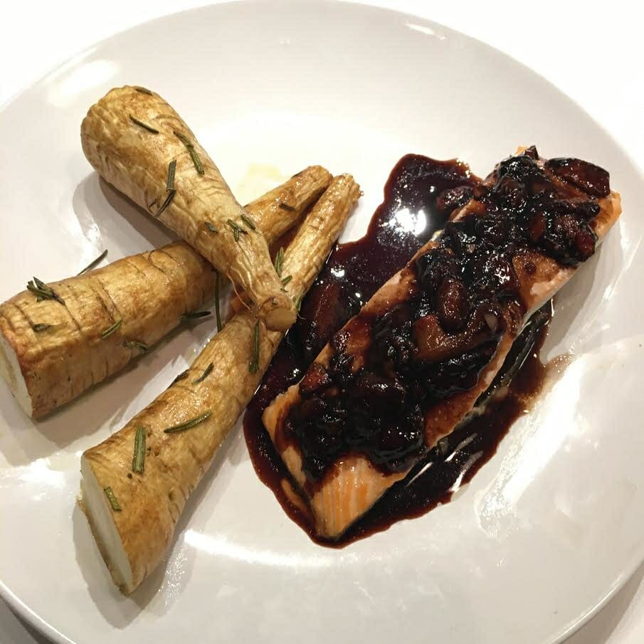 AIP paleo strawberry glazed salmon and parsnips